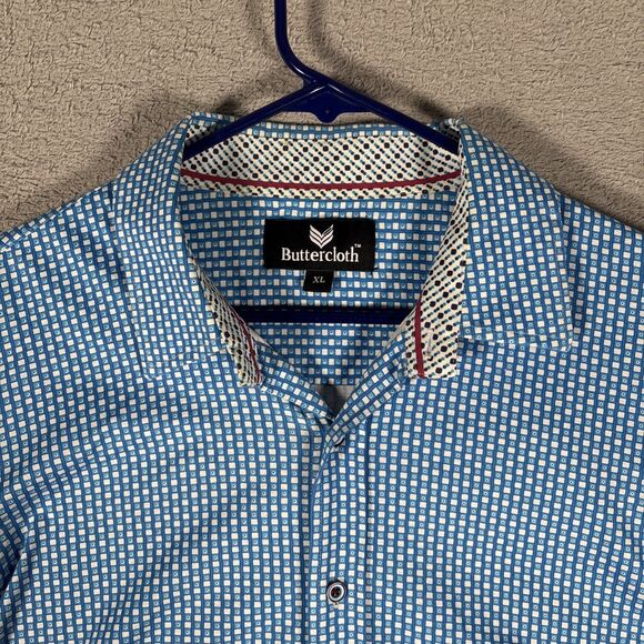 ButterCloth Mens Button Down Shirt Size XL Blue White Geometric‎ Flipcuff Preppy - Picture 4 of 13